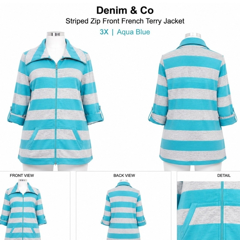Denim & Co Active Striped French Terry Zip Front Jacket Aqua Blue Gray 3X A24078